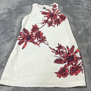Tommy Bahama Shift  Dress off white Floral w/ red Flowers linen Sz Small